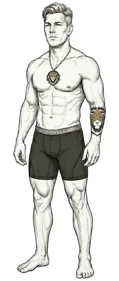 The Lionmaker character, a graphite illustration of a standing athlete wearing a lion medallion.