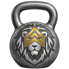 The Lionmaker kettlebell crest: a graphite kettlebell bearing a lion and brass chevrons.