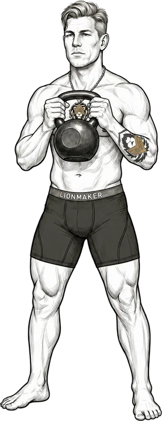 Goblet Squat guide frame 1, Standing goblet hold: the Lionmaker character facing forward with one kettlebell at the chest.