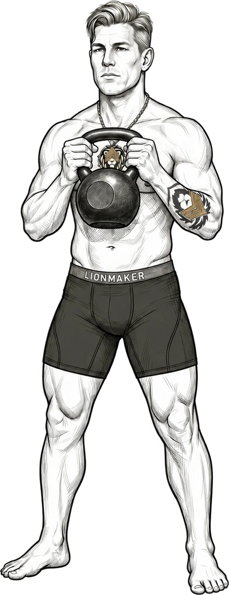 The Lionmaker character facing forward in the Goblet Squat's standing hold: one kettlebell held by the horns at the chest.