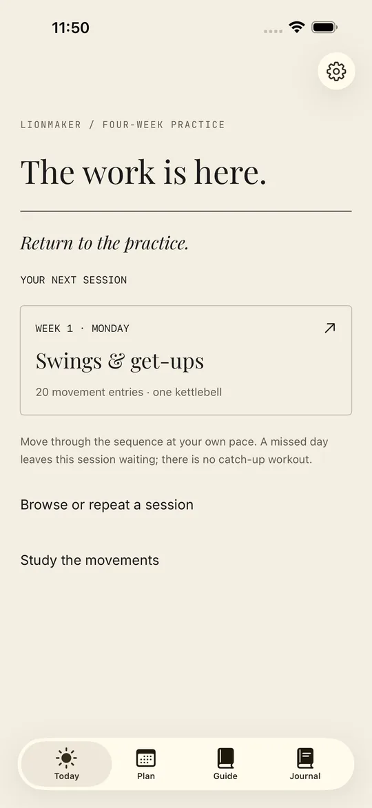 Swing Today screen showing the next Foundation session, Swings and get-ups, on a warm paper background.