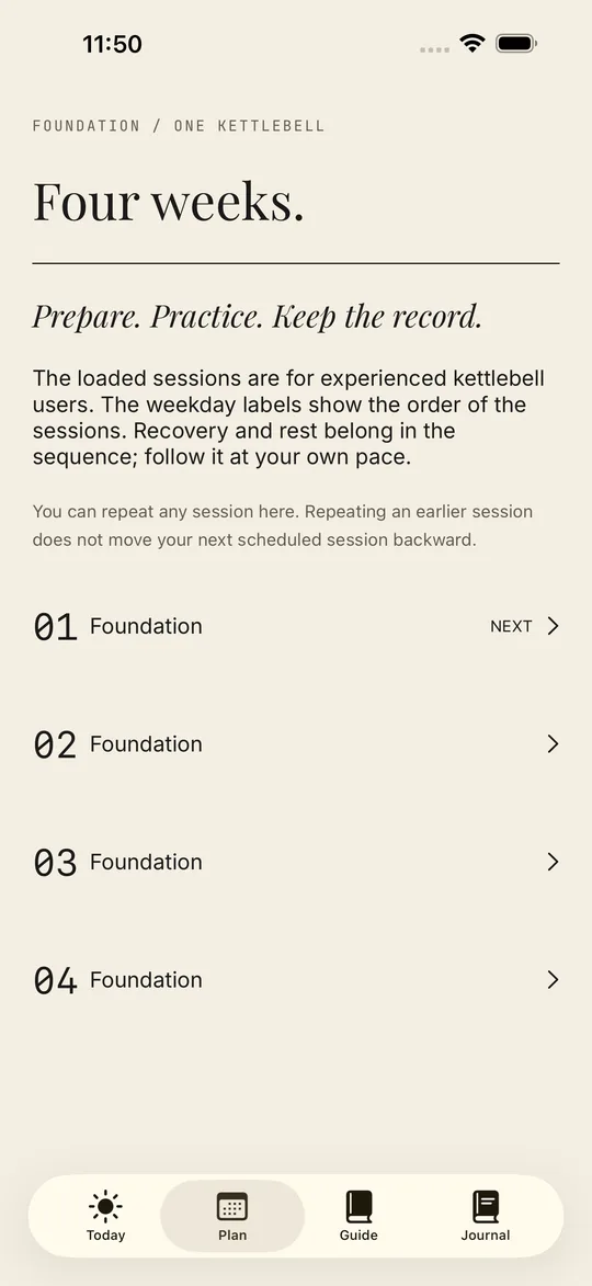 Swing Plan screen listing four Foundation weeks and explaining how to follow the session sequence at your own pace.