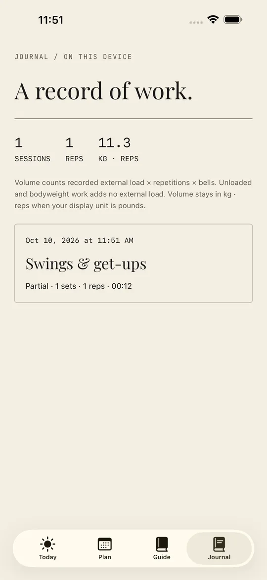 Swing Journal screen showing a fictional partial Swings and get-ups session with recorded work totals.