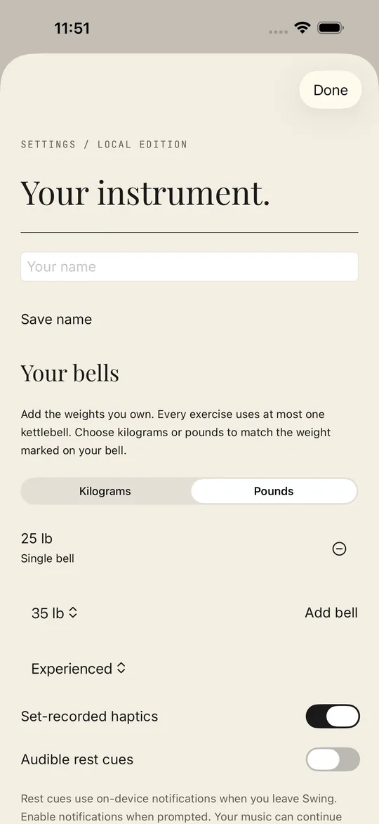 Swing Settings screen showing an optional name field, pounds selected, single-kettlebell equipment weights, and cue settings.